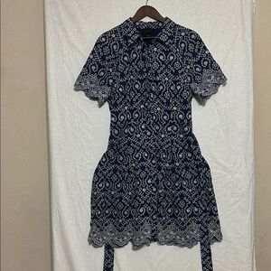 Navy and White Lace A-line Dress with Flutter Sleeves and Collar. Size 12